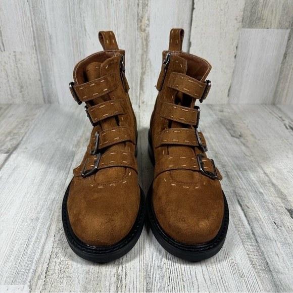 New Aerosoles Arezzo Faux Brown Suede Biker Bootie with Buckles #723 - Picture 4 of 13